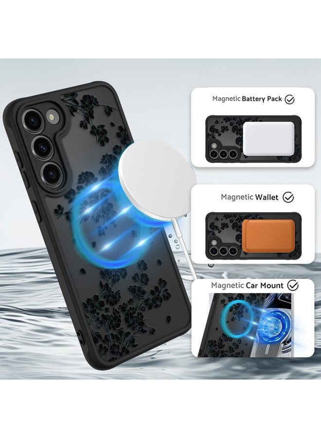 OOK Case Fit for Samsung Galaxy S23 6.2 Inch (Compatible with MagSafe) Black Floral Flowers Design Translucent Phone Cover Soft TPU + Hard PC Anti-Scratch Shockproof Magnetic Case for Women - Image 2