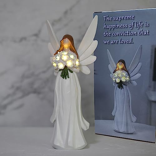 Starryfill 11.8"(H) Angel Figurine with Switch Remote Controller, Hand-Painted Angel Statue Hold 10 LED Warm White Lights Blue Flower for Mother Women Memory Gifts Home Decor - Image 1