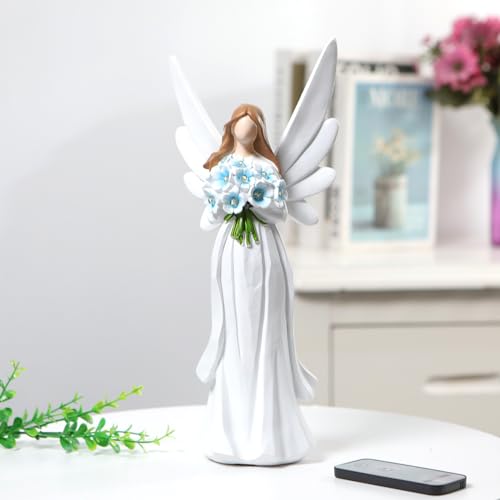 Starryfill 11.8"(H) Angel Figurine with Switch Remote Controller, Hand-Painted Angel Statue Hold 10 LED Warm White Lights Blue Flower for Mother Women Memory Gifts Home Decor - Image 3