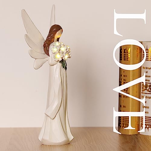 Starryfill 11.8"(H) Angel Figurine with Switch Remote Controller, Hand-Painted Angel Statue Hold 10 LED Warm White Lights Blue Flower for Mother Women Memory Gifts Home Decor - Image 4