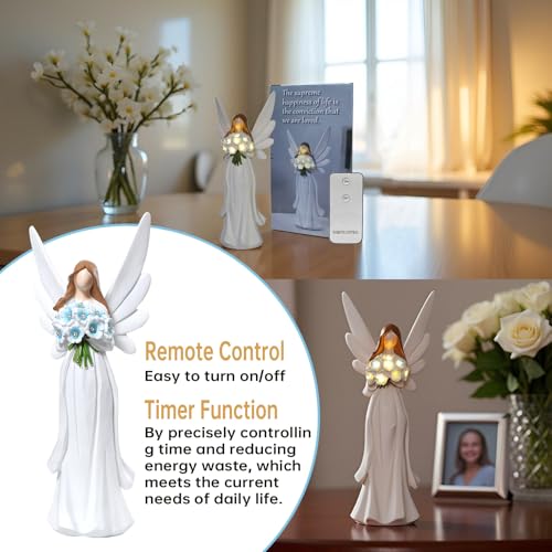 Starryfill 11.8"(H) Angel Figurine with Switch Remote Controller, Hand-Painted Angel Statue Hold 10 LED Warm White Lights Blue Flower for Mother Women Memory Gifts Home Decor - Image 5
