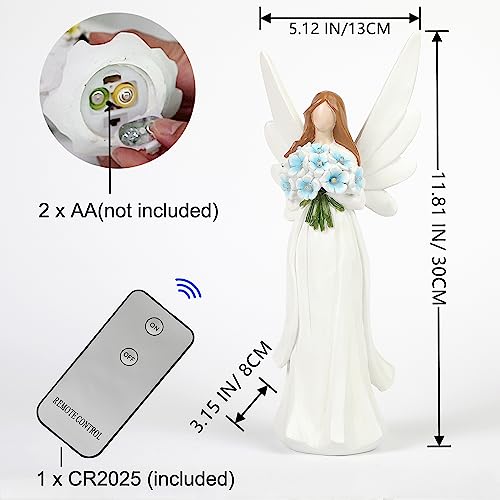 Starryfill 11.8"(H) Angel Figurine with Switch Remote Controller, Hand-Painted Angel Statue Hold 10 LED Warm White Lights Blue Flower for Mother Women Memory Gifts Home Decor - Image 2