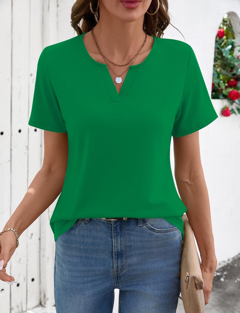 LOMON Blouses for Women Casual V Neck T Shirts Loose Fit Basics Summer Short Sleeve Tops Soft Business Outfits (Green, S) - Image 3