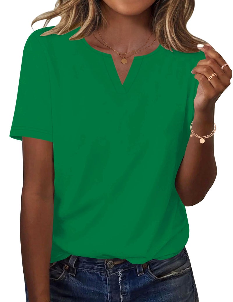 LOMON Blouses for Women Casual V Neck T Shirts Loose Fit Basics Summer Short Sleeve Tops Soft Business Outfits (Green, S) - Image 1