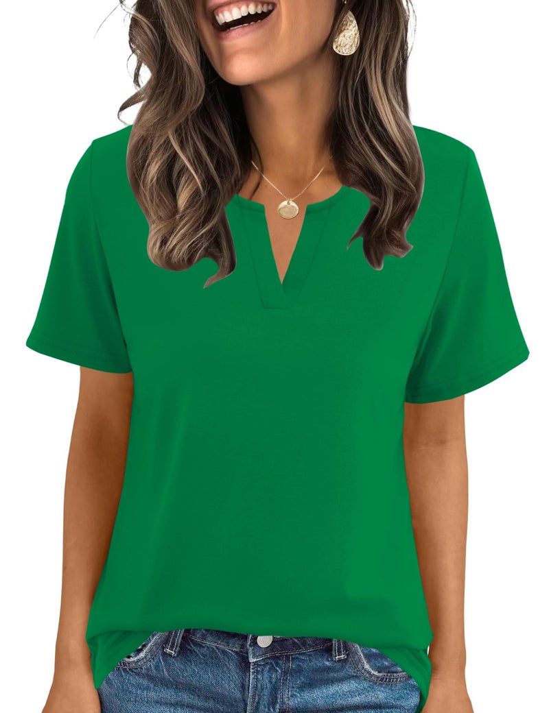 LOMON Blouses for Women Casual V Neck T Shirts Loose Fit Basics Summer Short Sleeve Tops Soft Business Outfits (Green, S) - Image 2