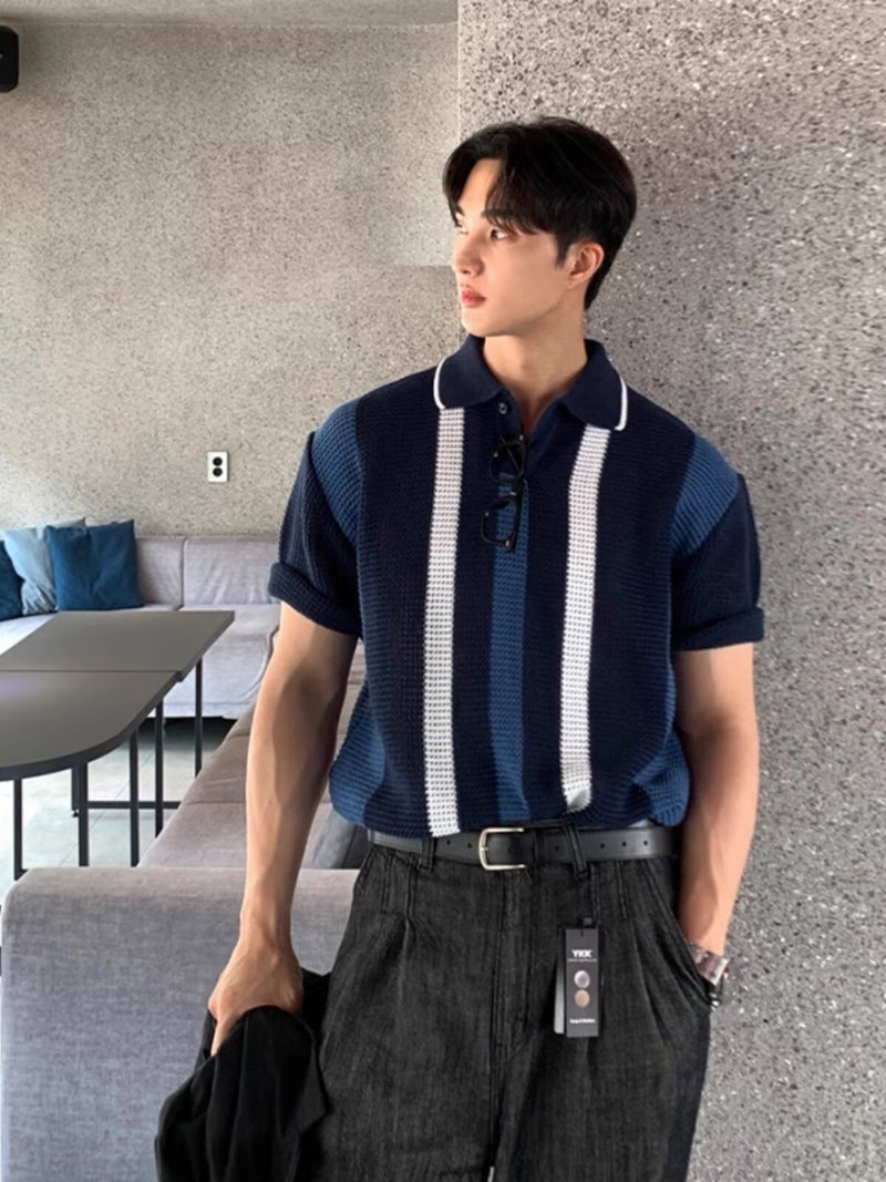 Mens Striped Knit Polo Shirt with Mesh Design Casual Loose Fit Top - Image 2