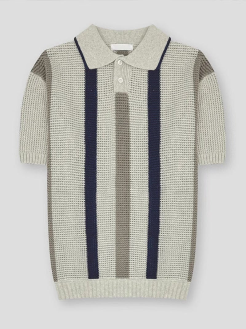 Mens Striped Knit Polo Shirt with Mesh Design Casual Loose Fit Top - Image 4