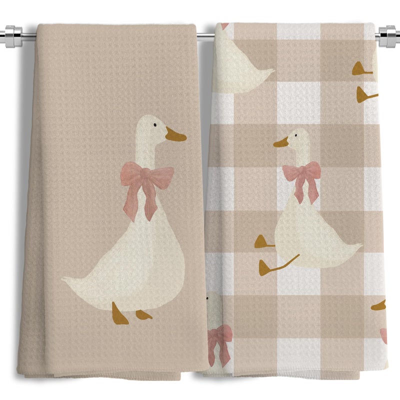 LUKIPOM Light Coquette Bow Plaid Goose Kitchen Towels Set of 2, Neutral Beige Checkered Dish Tea Towels for Kitchen Decor, Cute Goose Animal Hand Towels for Bathroom Decor, 16x24 Inches - Image 1