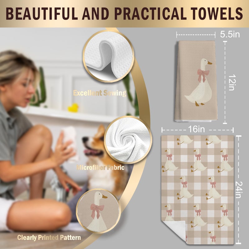 LUKIPOM Light Coquette Bow Plaid Goose Kitchen Towels Set of 2, Neutral Beige Checkered Dish Tea Towels for Kitchen Decor, Cute Goose Animal Hand Towels for Bathroom Decor, 16x24 Inches - Image 2