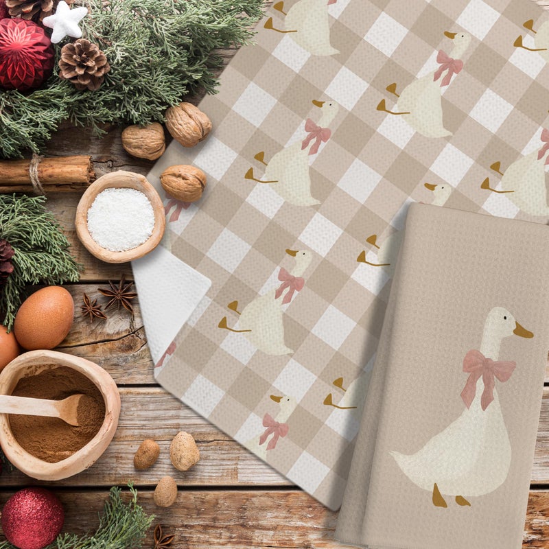 LUKIPOM Light Coquette Bow Plaid Goose Kitchen Towels Set of 2, Neutral Beige Checkered Dish Tea Towels for Kitchen Decor, Cute Goose Animal Hand Towels for Bathroom Decor, 16x24 Inches - Image 4