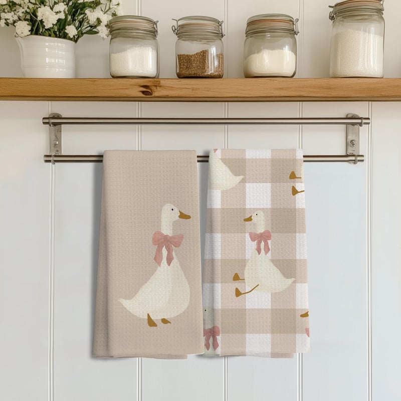 LUKIPOM Light Coquette Bow Plaid Goose Kitchen Towels Set of 2, Neutral Beige Checkered Dish Tea Towels for Kitchen Decor, Cute Goose Animal Hand Towels for Bathroom Decor, 16x24 Inches - Image 3