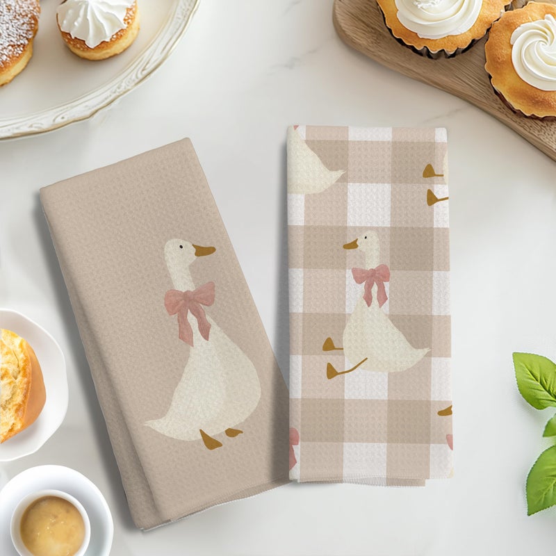 LUKIPOM Light Coquette Bow Plaid Goose Kitchen Towels Set of 2, Neutral Beige Checkered Dish Tea Towels for Kitchen Decor, Cute Goose Animal Hand Towels for Bathroom Decor, 16x24 Inches - Image 5