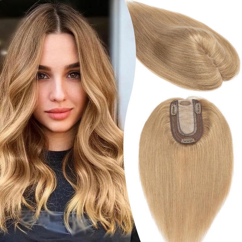 Snoilite Silk Base Topper Hair Piece Human Hair for Women 130 Density Handmade Clip in Toppers Top Hairpiece Middle Part Top Hair for Thinning Hair 33g 1027 Dark Blonde