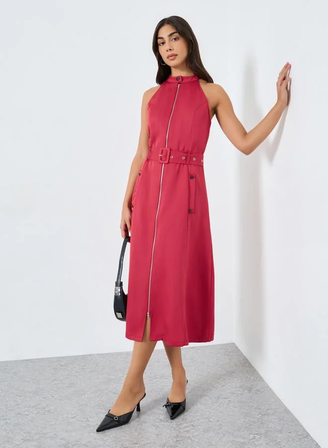 Styli Styli Red Belted Midi Dress with Zipper Detail
