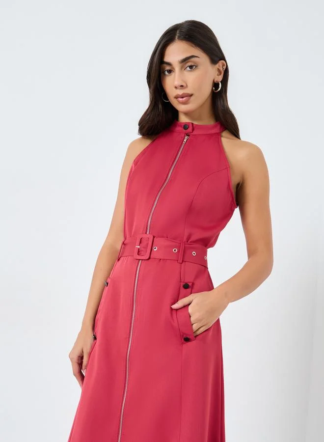 Styli Styli Red Belted Midi Dress with Zipper Detail