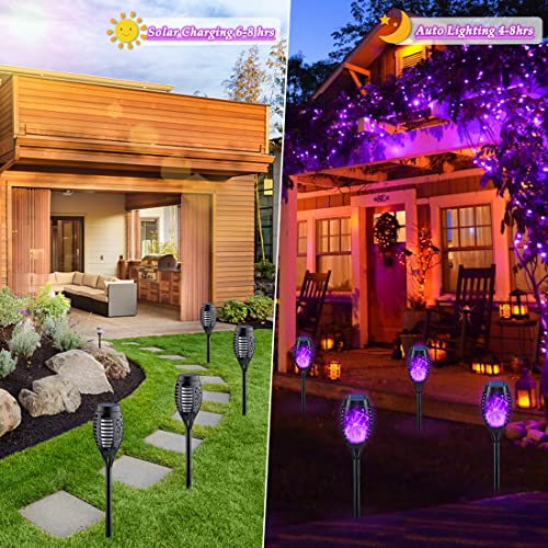 KYEKIO Halloween Decorations Outdoor, 12Pack Purple Solar Halloween Lights, Solar Torch Lights with Flickering Flame for Garden Decor, Waterproof Outdoor Lighting, Scary Torches for Yard Lawn Pathway - Image 3