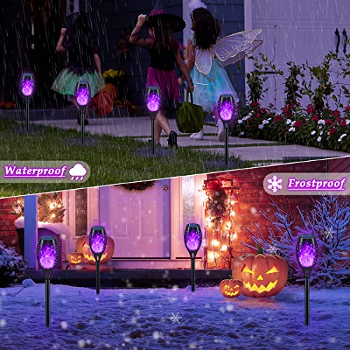 KYEKIO Halloween Decorations Outdoor, 12Pack Purple Solar Halloween Lights, Solar Torch Lights with Flickering Flame for Garden Decor, Waterproof Outdoor Lighting, Scary Torches for Yard Lawn Pathway - Image 4