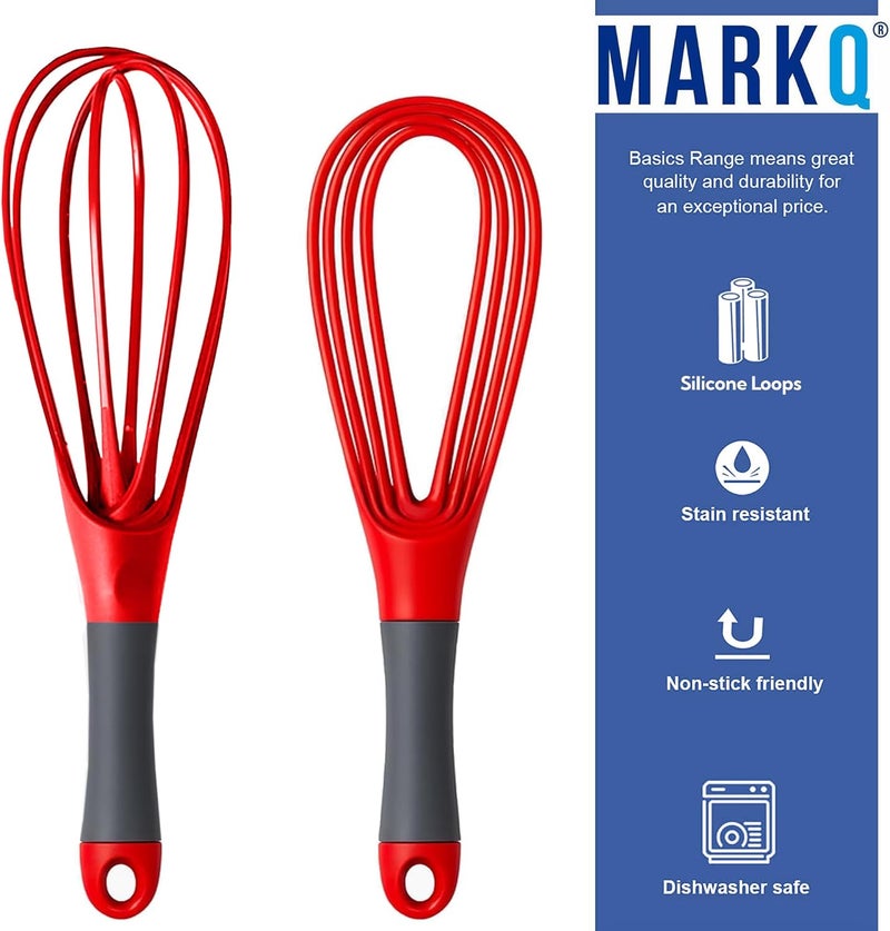 MARKQ خفاق قابل للطي بتصميم مسطح و بالون - مضرب بيض سيليكون، خلاط يدوي، أداة للخبز والطهي للمطبخ - أحمر - Image 3