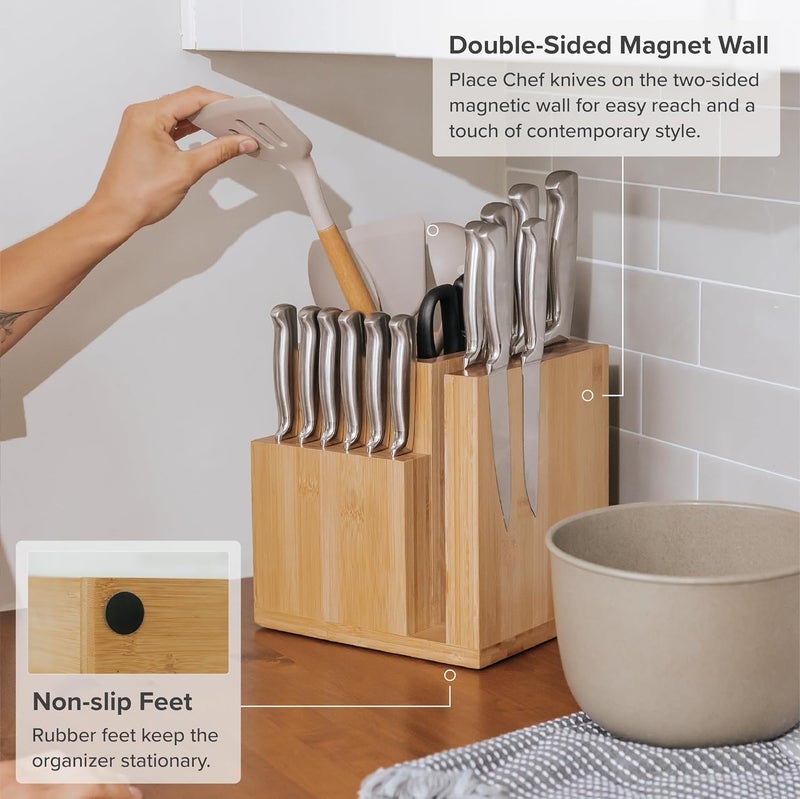 KitchenEdge Bamboo Magnetic Knife Block and Cooking Utensil Holder, Sleek Storage for Chefs Knives, Steak Knives, Spatulas, Scissors, Non-Slip Rubber Feet, Easy to Clean, Kitchen Countertop Organizer - Image 5