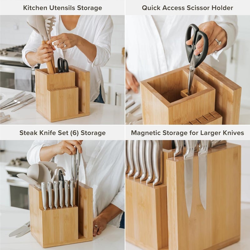 KitchenEdge Bamboo Magnetic Knife Block and Cooking Utensil Holder, Sleek Storage for Chefs Knives, Steak Knives, Spatulas, Scissors, Non-Slip Rubber Feet, Easy to Clean, Kitchen Countertop Organizer - Image 3