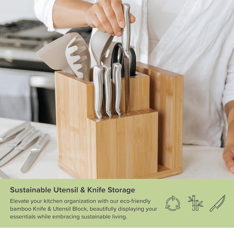 KitchenEdge Bamboo Magnetic Knife Block and Cooking Utensil Holder, Sleek Storage for Chefs Knives, Steak Knives, Spatulas, Scissors, Non-Slip Rubber Feet, Easy to Clean, Kitchen Countertop Organizer - Image 4