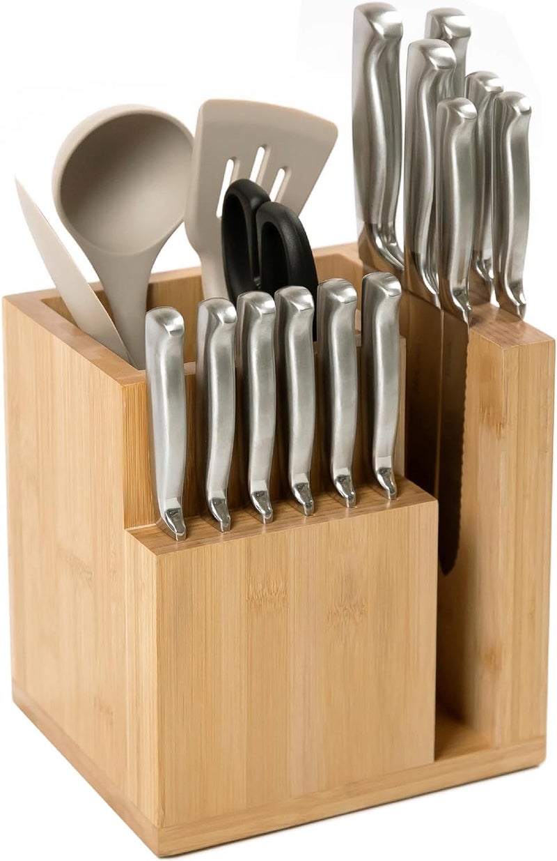 KitchenEdge Bamboo Magnetic Knife Block and Cooking Utensil Holder, Sleek Storage for Chefs Knives, Steak Knives, Spatulas, Scissors, Non-Slip Rubber Feet, Easy to Clean, Kitchen Countertop Organizer - Image 1
