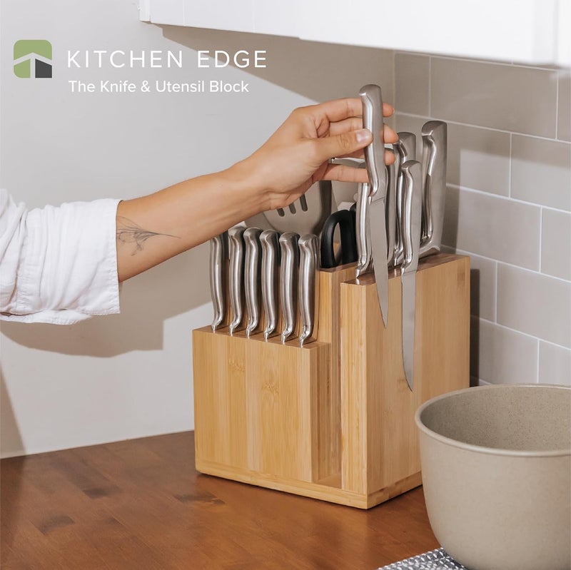KitchenEdge Bamboo Magnetic Knife Block and Cooking Utensil Holder, Sleek Storage for Chefs Knives, Steak Knives, Spatulas, Scissors, Non-Slip Rubber Feet, Easy to Clean, Kitchen Countertop Organizer - Image 2