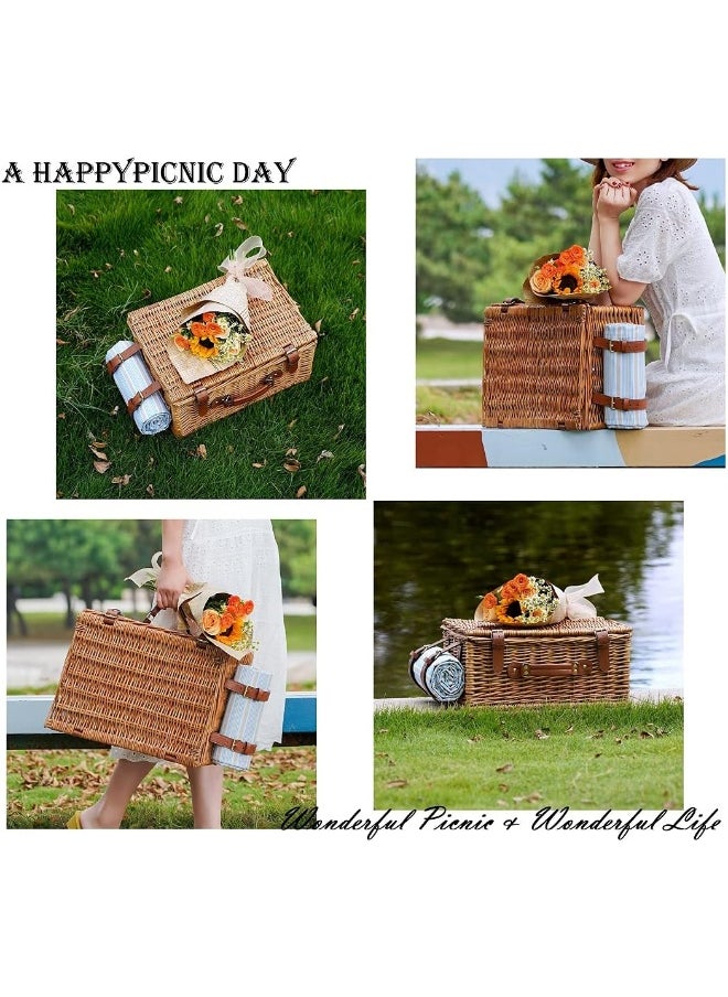 HappyPicnic - مجموعة سلة نزهة من الخيزران لأربعة أشخاص | سلة كبيرة من الصفصاف مع حجرة تبريد معزولة كبيرة، وبطانية مجانية مقاومة للماء ومجموعة أدوات مائدة - بني كلاسيكي - Image 1
