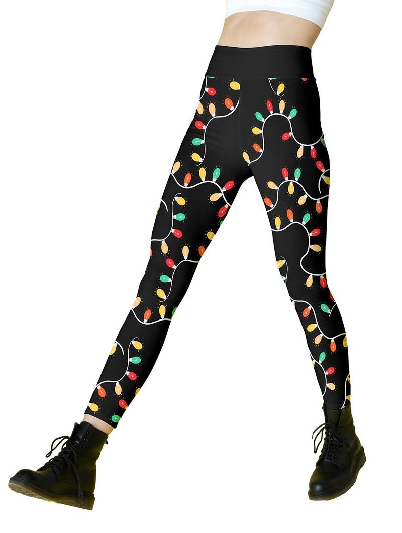 Eyanse Christmas Leggings for Women Soft High Waisted Black Pants With Christmas Lights Funny Holiday PJ Pants for Running Yoga Workout - Image 2