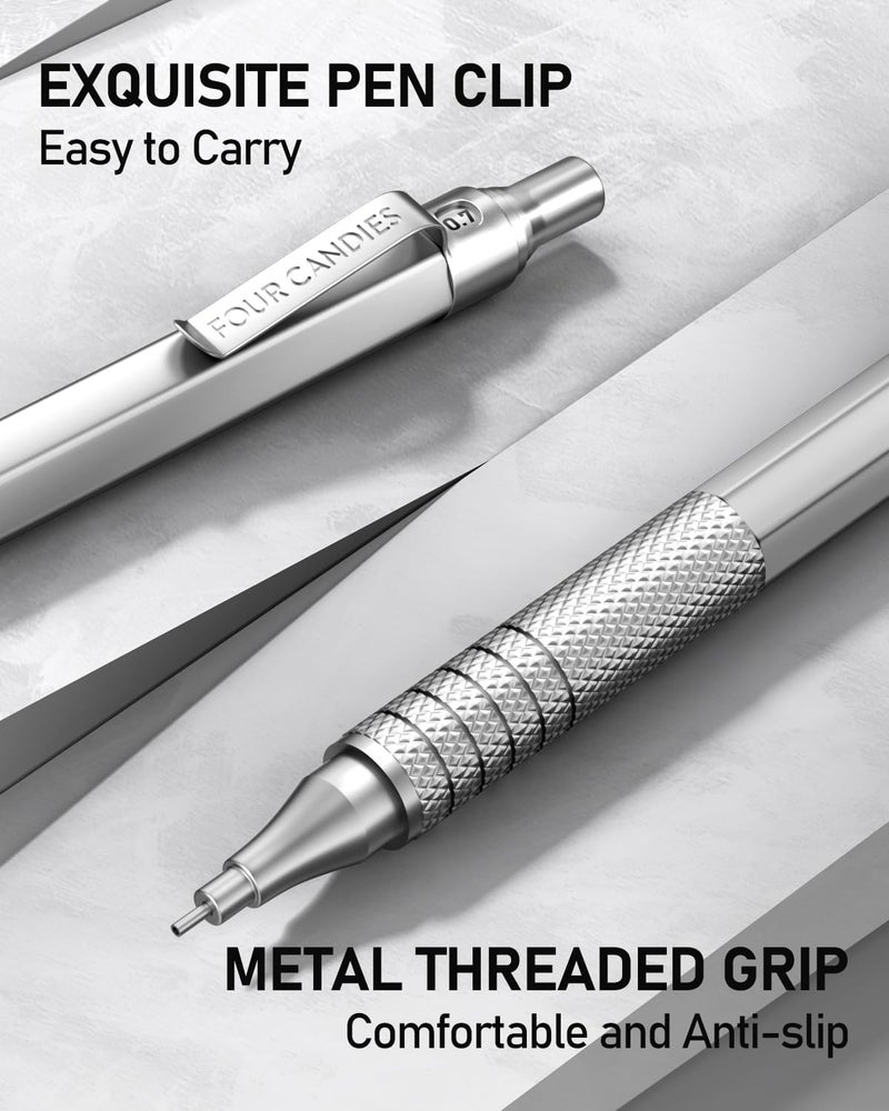 Four Candies 2PCS Metal Mechanical Pencils Set with Case, 0.5mm & 0.7 mm Artist Pencil with 6 Tubes (360PCS) HB Lead Refills, 3 Erasers,9 Eraser Refills For Writing Drafting, Drawing, Black&Silver - Image 2