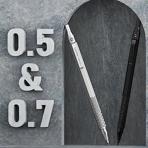 Four Candies 2PCS Metal Mechanical Pencils Set with Case, 0.5mm & 0.7 mm Artist Pencil with 6 Tubes (360PCS) HB Lead Refills, 3 Erasers,9 Eraser Refills For Writing Drafting, Drawing, Black&Silver - Image 5
