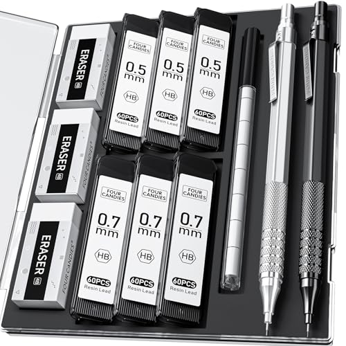Four Candies 2PCS Metal Mechanical Pencils Set with Case, 0.5mm & 0.7 mm Artist Pencil with 6 Tubes (360PCS) HB Lead Refills, 3 Erasers,9 Eraser Refills For Writing Drafting, Drawing, Black&Silver - Image 1