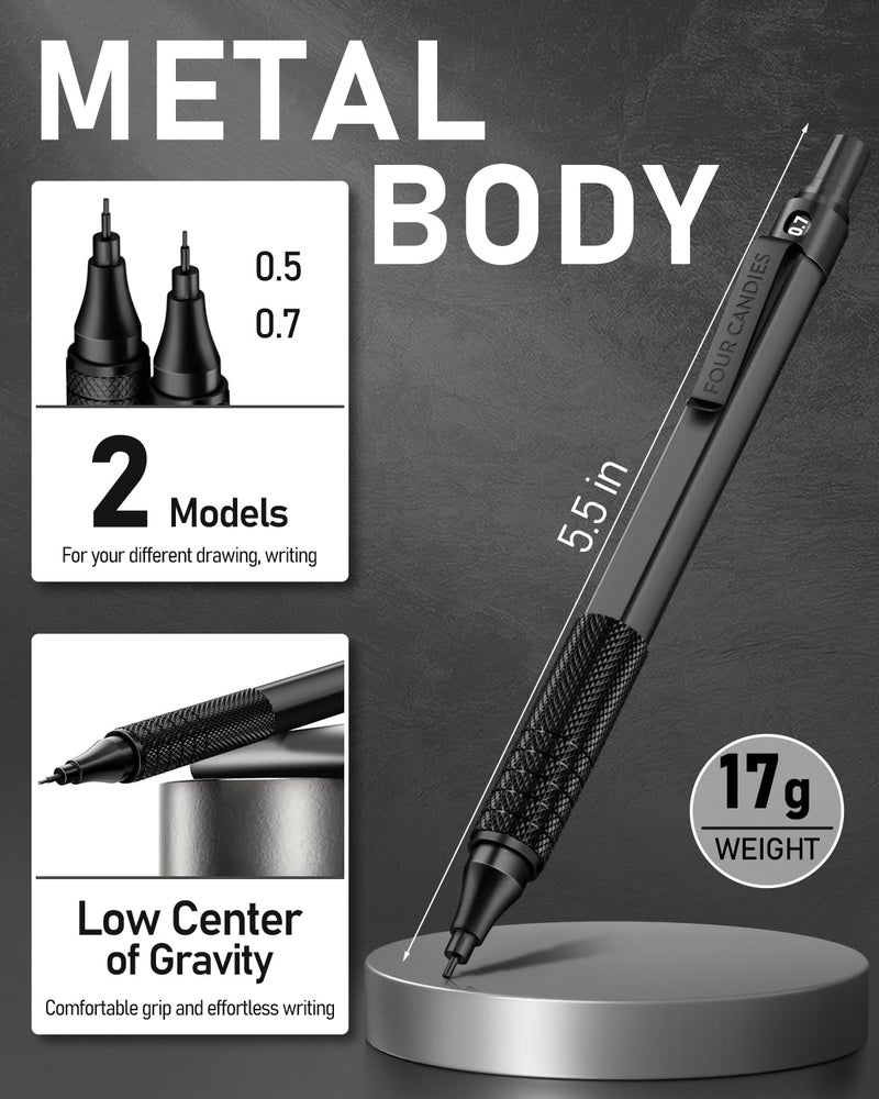 Four Candies 2PCS Metal Mechanical Pencils Set with Case, 0.5mm & 0.7 mm Artist Pencil with 6 Tubes (360PCS) HB Lead Refills, 3 Erasers,9 Eraser Refills For Writing Drafting, Drawing, Black&Silver - Image 3
