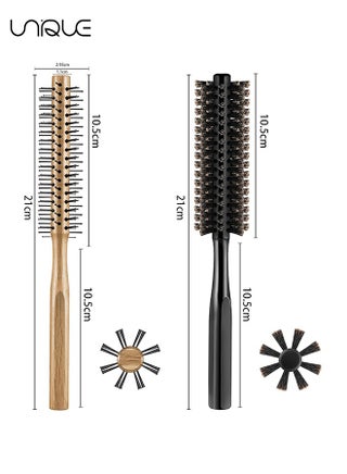 2 Pieces Thick Round Hair Comb Bristle Round Hair Brush Blow Drying Hairbrush Small Brush Short Hair Massage Comb Head Massage Round Brush Roll Hairbrush for Wet or Dry Hair (Black, Wood Color) - view 2