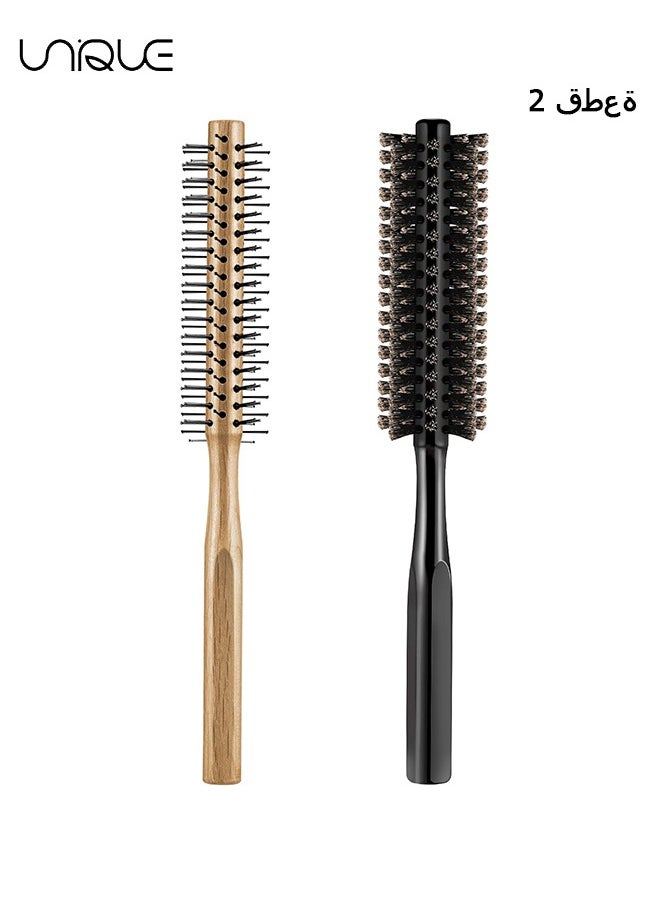 Unique 2 Pieces Thick Round Hair Comb Bristle Round Hair Brush Blow Drying Hairbrush Small Brush Short Hair Massage Comb Head Massage Round Brush Roll Hairbrush for Wet or Dry Hair (Black, Wood Color)  - Image 1