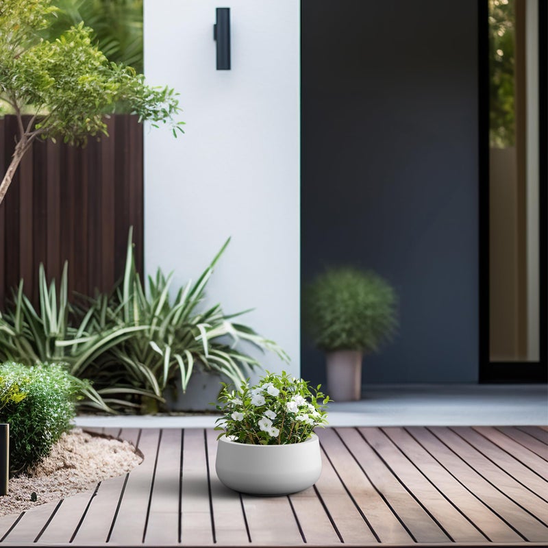 Kante 11.8" Dia Round Concrete Planter, Cement Plant Pots with Drainage Hole and Rubber Plug for Outdoor Indoor Garden Home, Modern Curvaceous Design, Pure White - Image 5