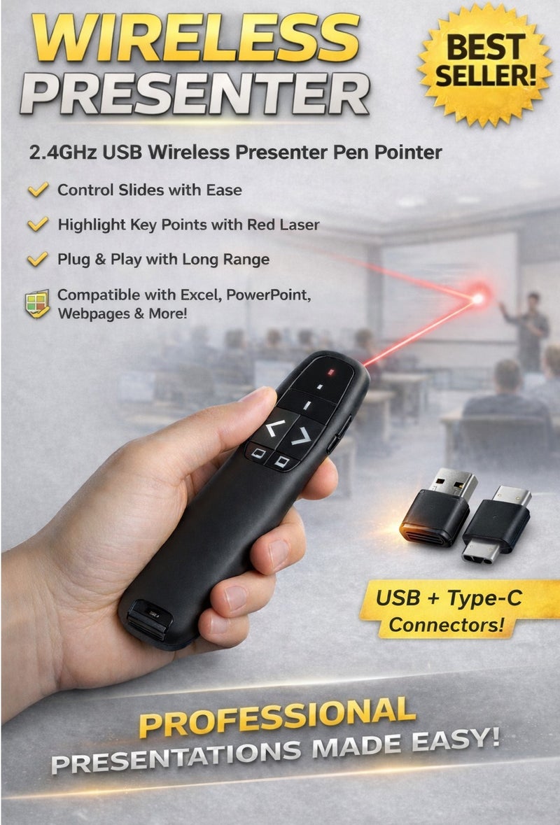وايرلس جهاز تحكم عن بعد لاسلكي للعرض التقديمي، مؤشر قلم ليزر أحمر لاسلكي USB لعرض PowerPoint، جهاز تحكم عن بعد لاسلكي USB-A وUSB-C/Type-C - Image 1