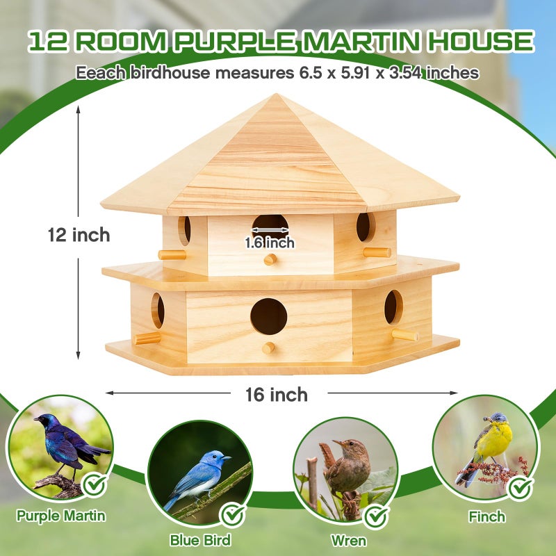 Yaocom Purple Martin House, 12 Room Bird Houses for Outside, Sycamore Wood Construction & Waterproof - Image 2