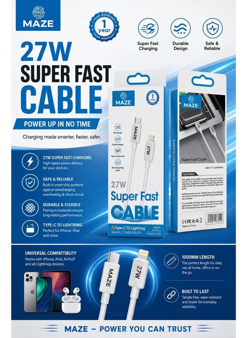 ميذ كابل USB-C إلى Lightning للشحن السريع – يدعم تقنية PD بقوة 27 واط، سرعة نقل بيانات 480 ميجابت في الثانية، سلك متين مغطى بجديلة من النايلون، مقاوم للثني، بطول 1 متر، متوافق مع iPhone وiPad. - Image 3