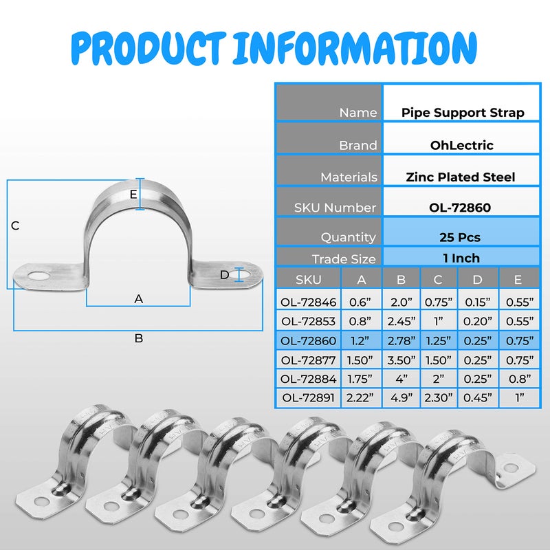 Ohlectric Pipe Support Strap - Steel Pipe Strap With 2 Holes - Heavy-Duty 1 Inch U Bracket - Zinc Coated Tension Tube Clip - Pipe Clamp For Emt Conduits - Ol-72860 - 25 Pcs - Image 2