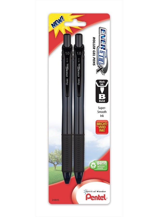 قلم جيل سائل قابل للسحب EnerGel-X، 1.0 مم، طرف معدني، حبر أسود، عبوة 2 (BL110BP2A)