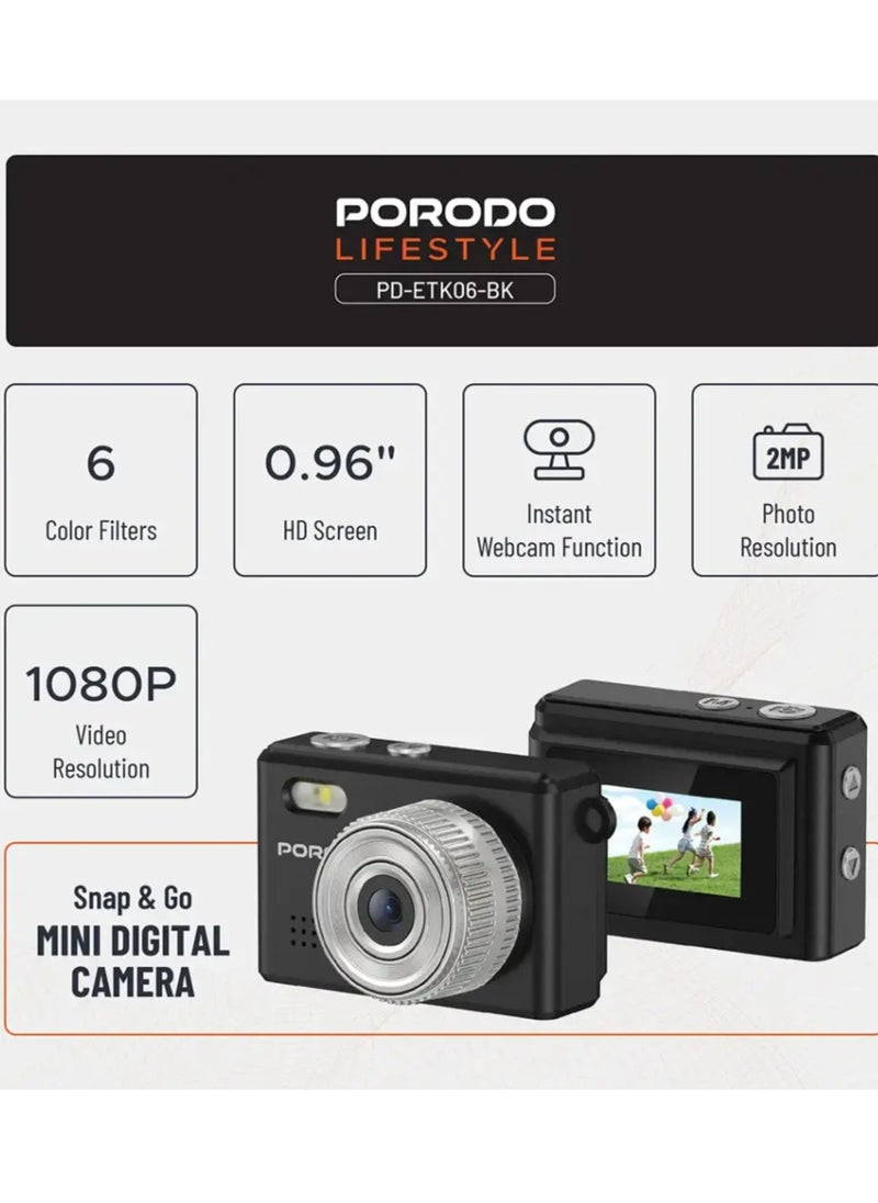 porodo Snap & Go Mini Digital Camera 2MP / Full HD Camera Video Resolution / Portable Camera with Lightweight / 6 Color Filters / Instant Webcam Function / AVI and JPG Format - Black  - Image 3