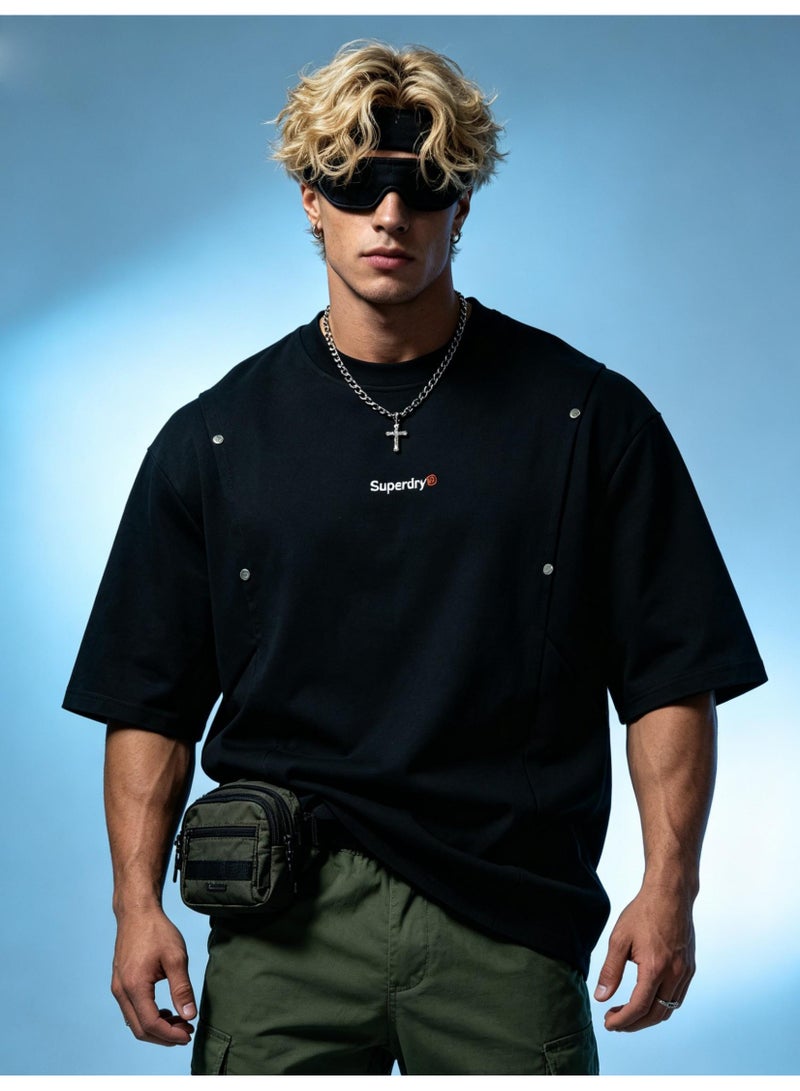 سوبر دراي Superdry men and women with the same heavyweight 100% cotton T-shirt, rivet decorative pleated round neck short sleeve casual T-shirt. - Image 3