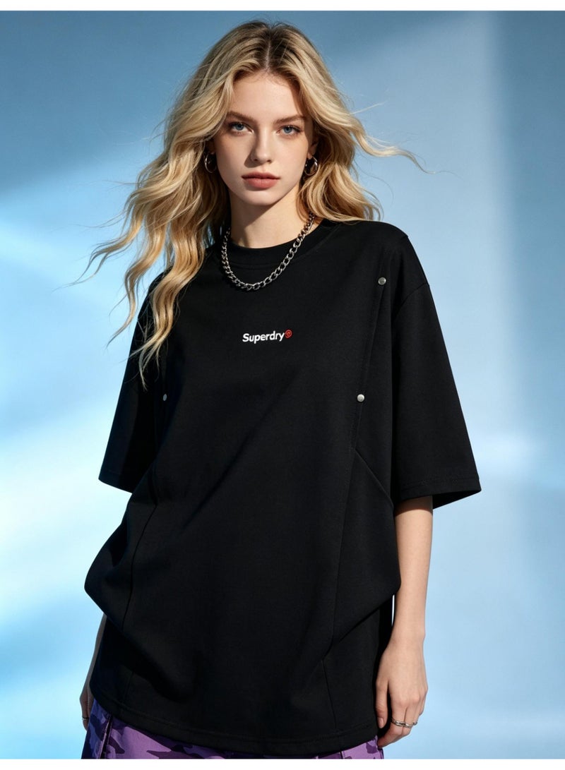 سوبر دراي Superdry men and women with the same heavyweight 100% cotton T-shirt, rivet decorative pleated round neck short sleeve casual T-shirt. - Image 4