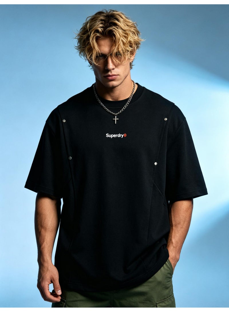 سوبر دراي Superdry men and women with the same heavyweight 100% cotton T-shirt, rivet decorative pleated round neck short sleeve casual T-shirt. - Image 5