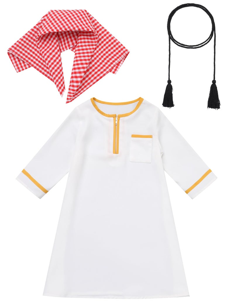 IDOPIP Muslim Baby Boys Prayer Clothes 3PCS Newborn Ramadan Eid Outfits for Infant Toddler Boy Kaftan Thobe Arabic Islamic Abaya Dress Dubai Robe with Head Scarf Rope Sets White Gold 23 Years