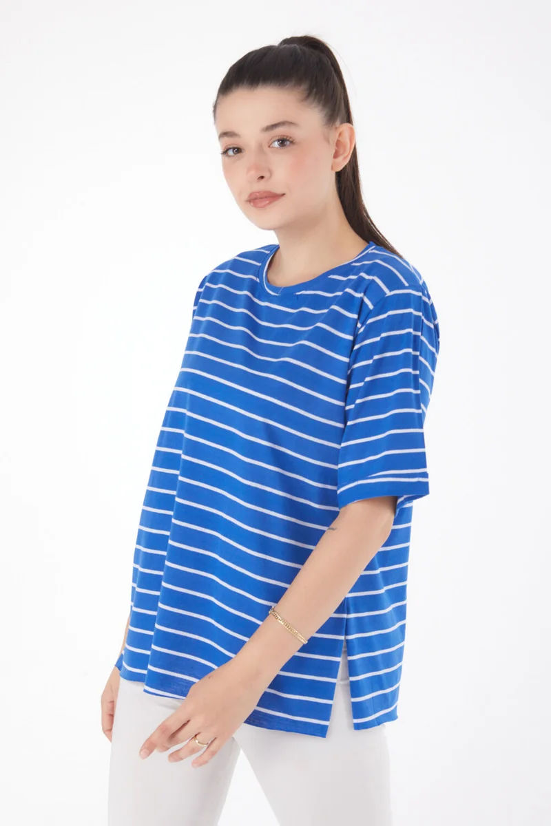 Tofisa Plain Crew Neck Women's Blue Striped Short Sleeve T-Shirt - 25840