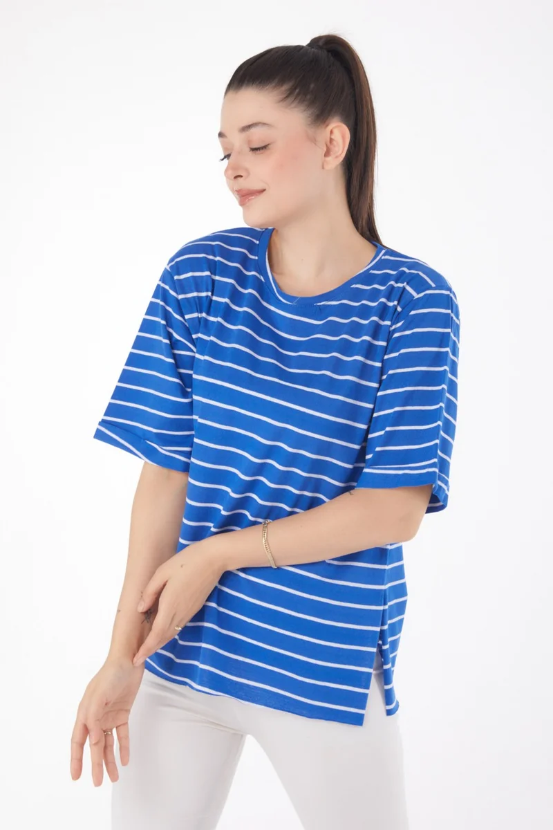 Tofisa Plain Crew Neck Women's Blue Striped Short Sleeve T-Shirt - 25840