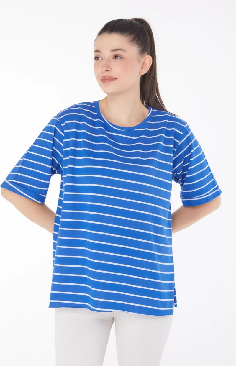 Tofisa Plain Crew Neck Women's Blue Striped Short Sleeve T-Shirt - 25840