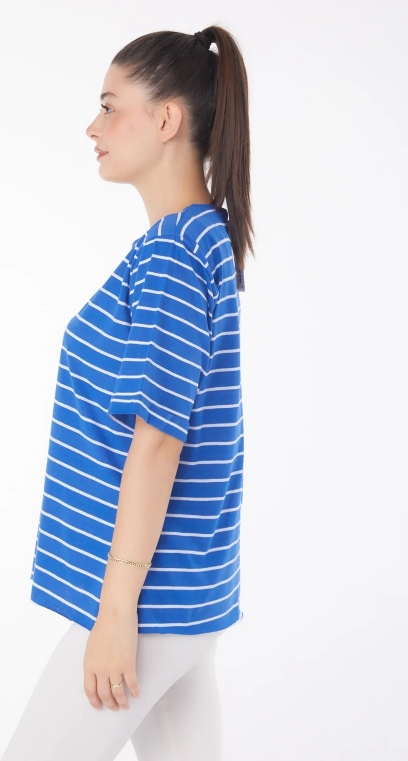 Tofisa Plain Crew Neck Women's Blue Striped Short Sleeve T-Shirt - 25840